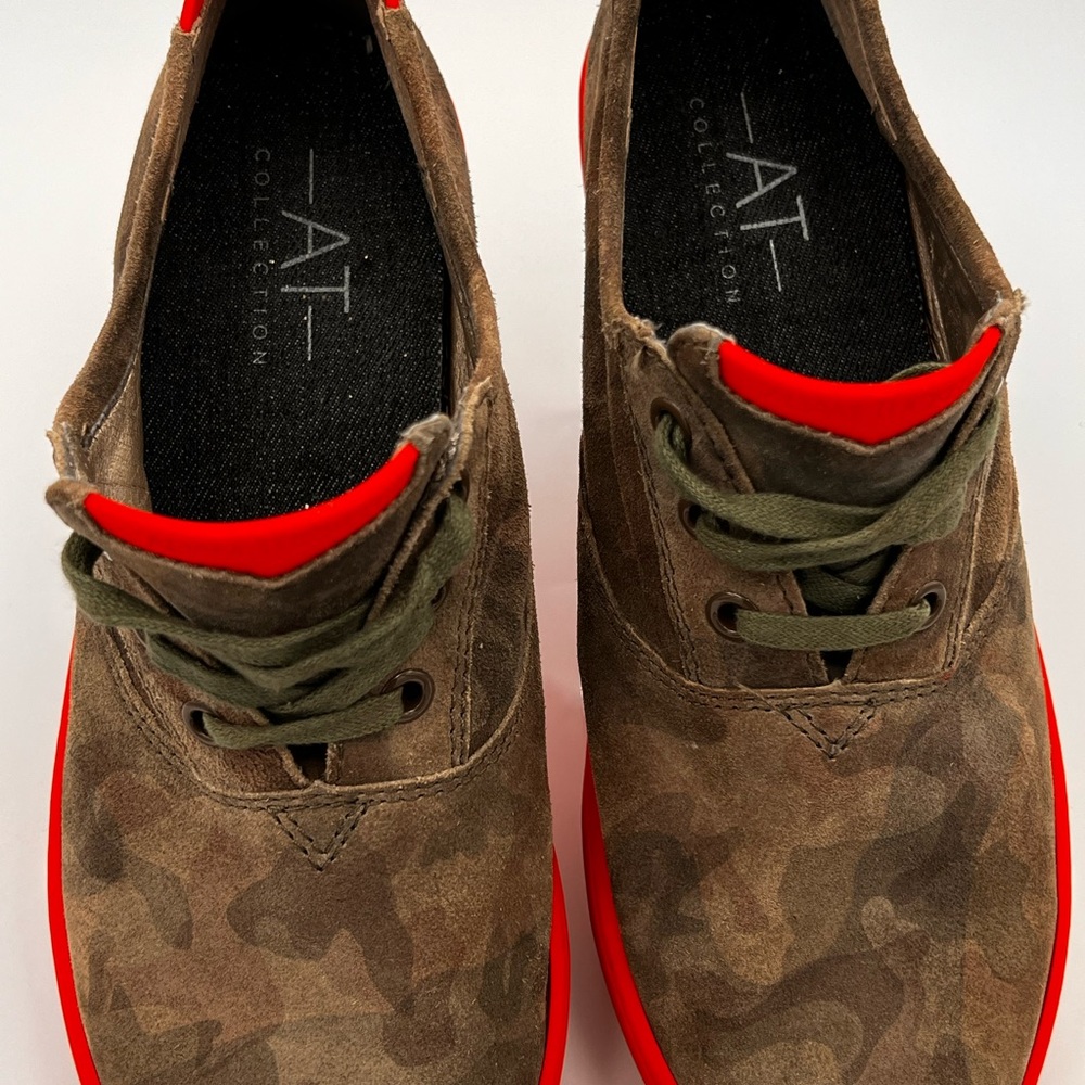Adam Tucker women’s green/brown leather Camouflage Sneakers with red Trim